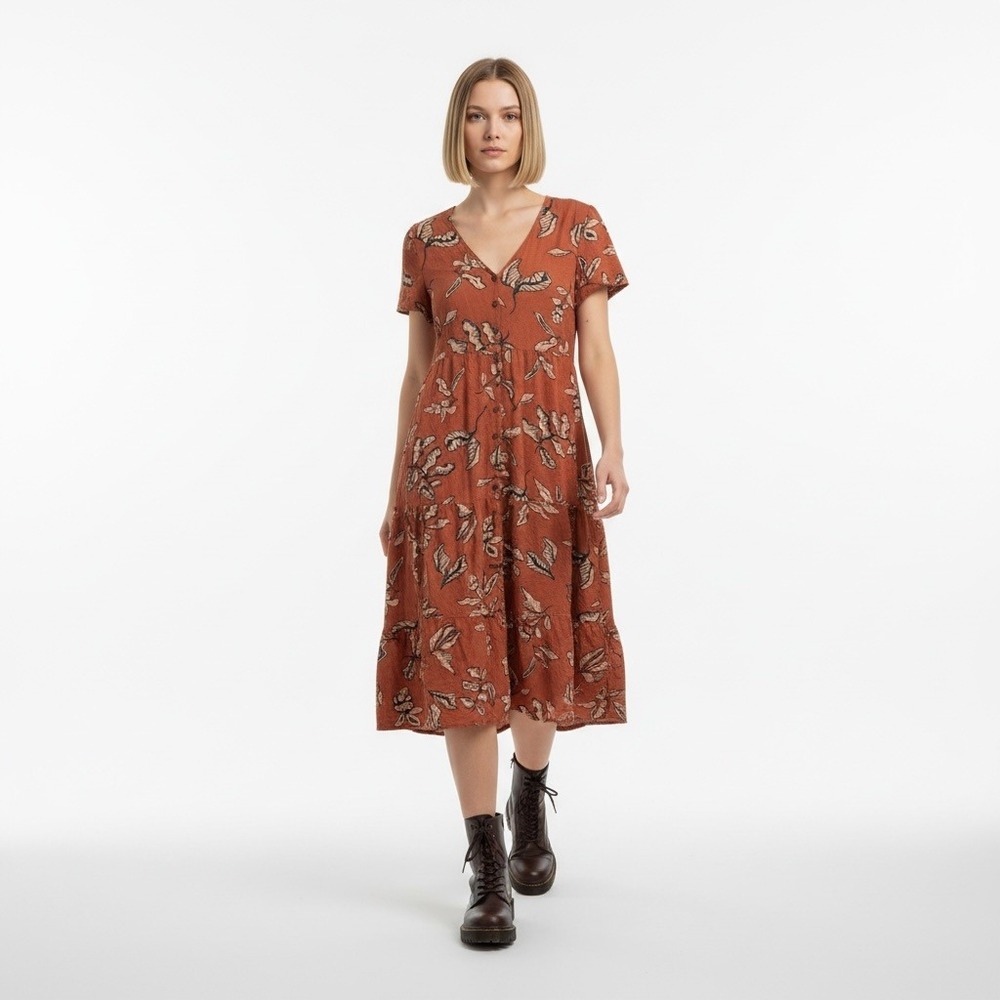 Button Up Boho Fest Rust Orange Floral Leaf Print V-Neck Tiered Midi Dress M